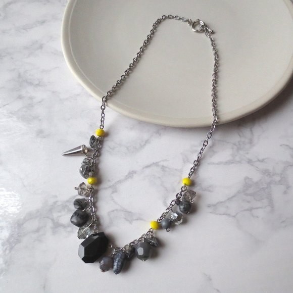 Handmade Black Grey and Neon Yellow Silver Cluster Statement Necklace - Picture 1 of 2